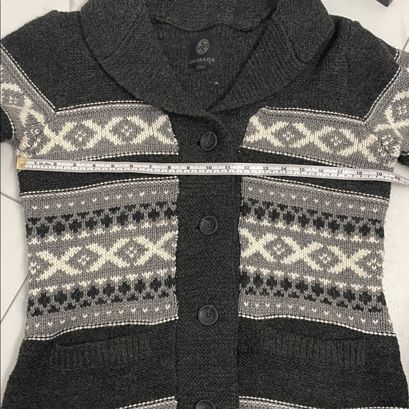 Fair Isle Charcoal & Lt Grey Cardigan Shawl Collar Button Front Pockets Sz M - Picture 9 of 13